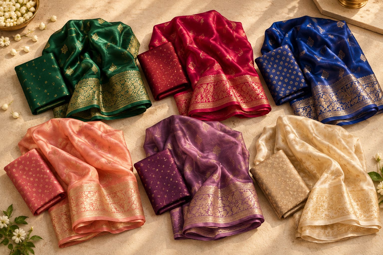 Jewel-toned, pastel and neutral saree fabrics beside contrasting blouse fabrics