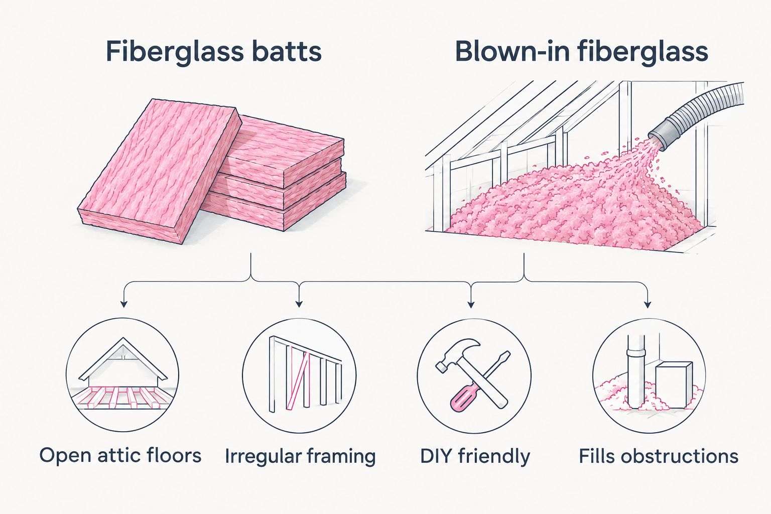 Two-column comparison of fiberglass batts versus blown-in loose-fill for attics