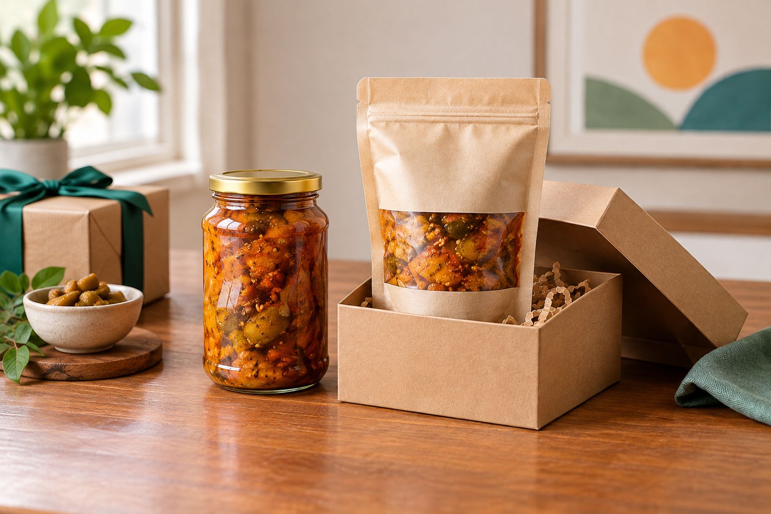 Glass pickle jar beside a pickle pouch and an open gift box