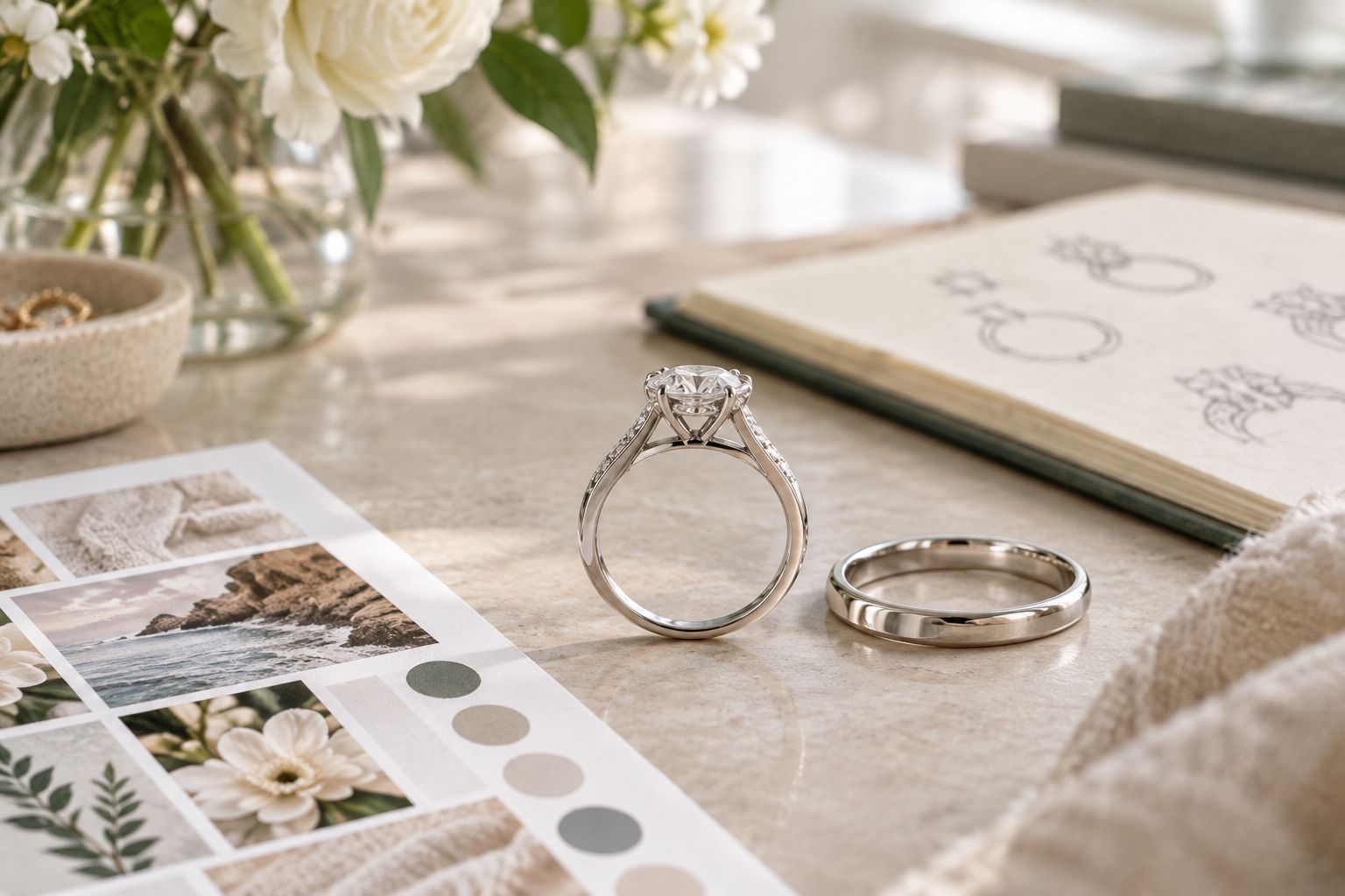 Side view of a generic engagement ring beside a plain band, showing the setting profile