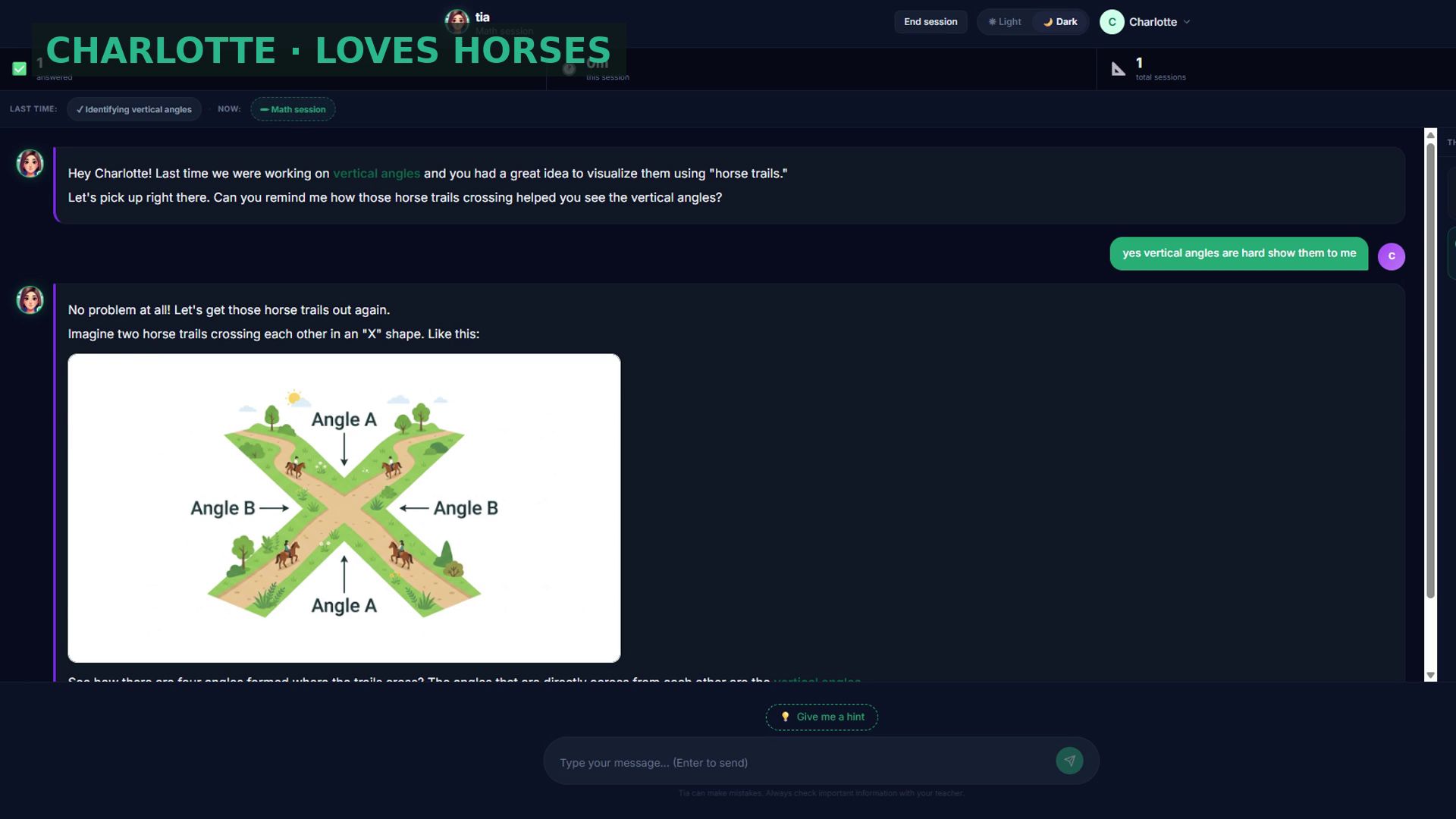 Tia test student Charlotte's session remembers her horse-trail explanation of vertical angles