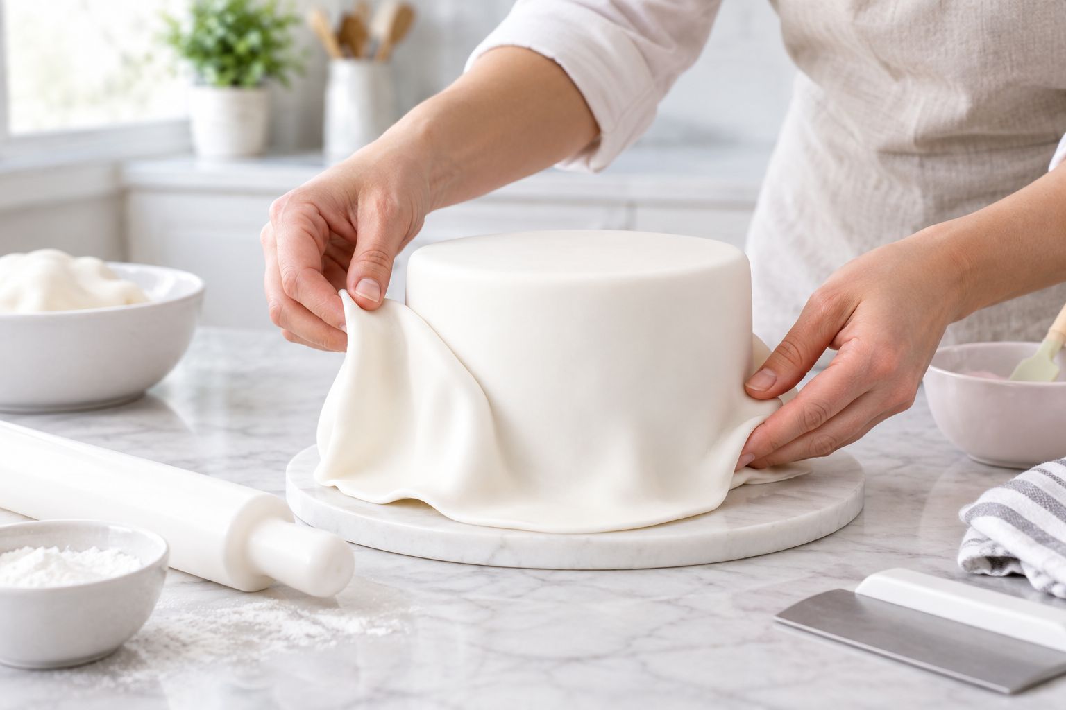 Hands gently opening a fondant fold while smoothing the side of a round cake