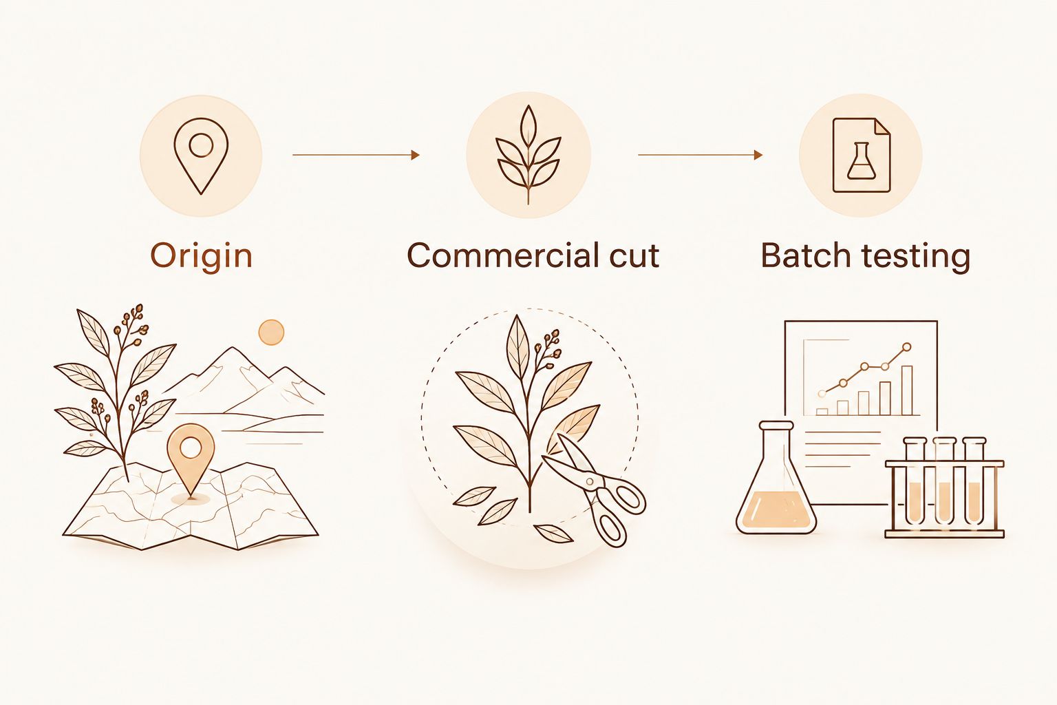 Three separate buying checks: origin, commercial cut, and batch testing