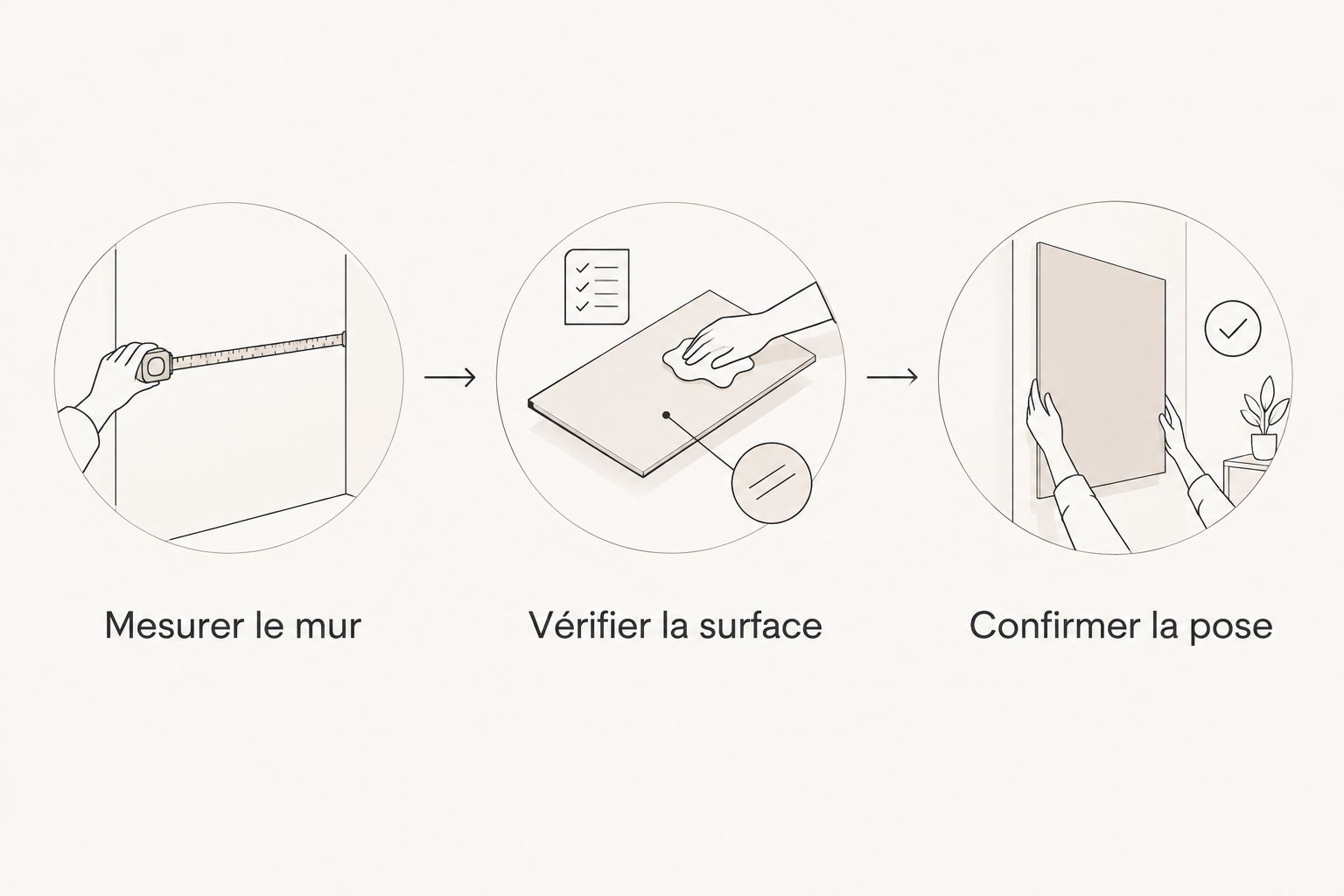 Les étapes avant l’achat : mesurer le mur, vérifier la surface et confirmer la pose.