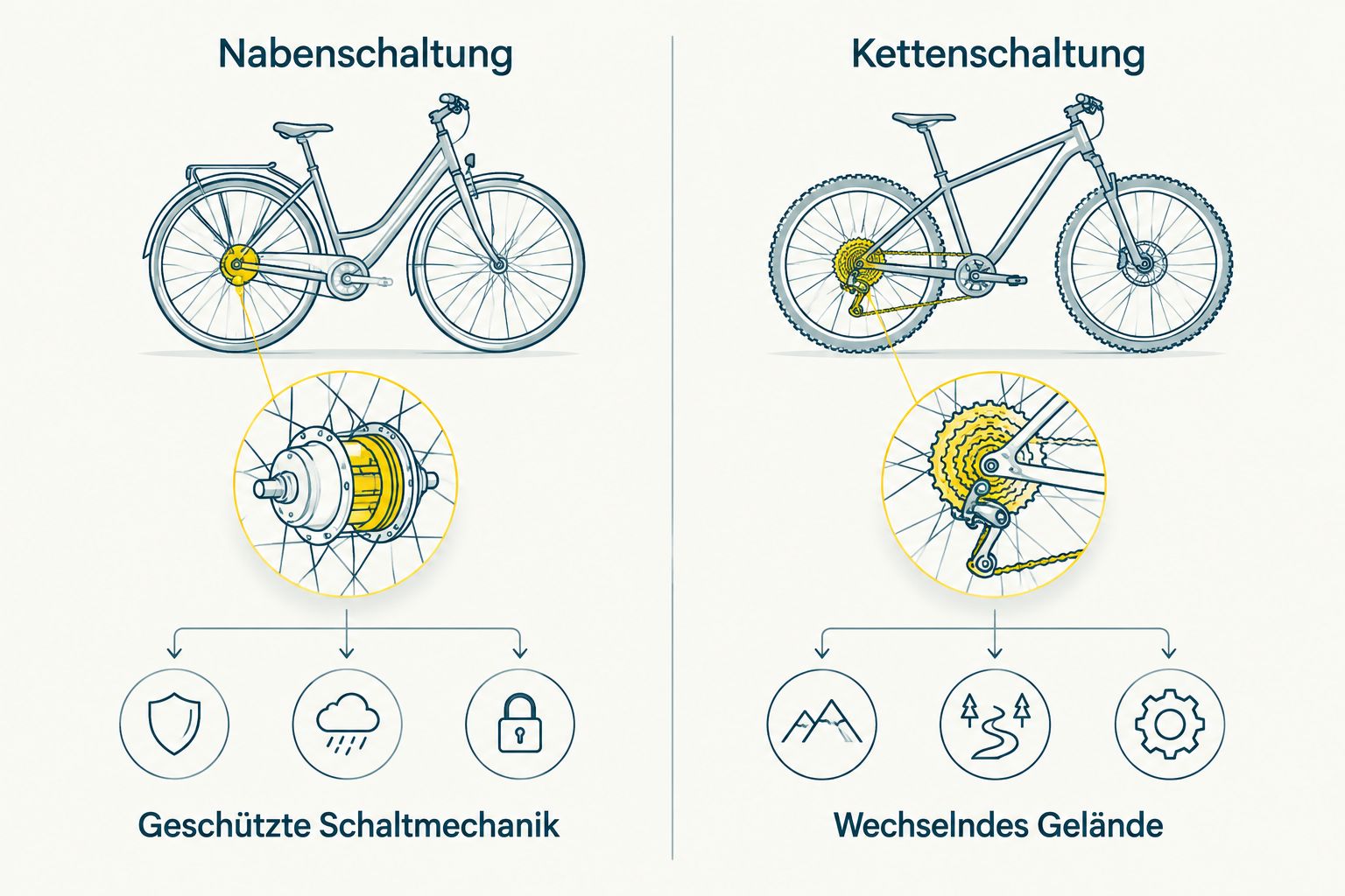 Vergleich von Nabenschaltung und Kettenschaltung nach Schaltmechanik und Gelände