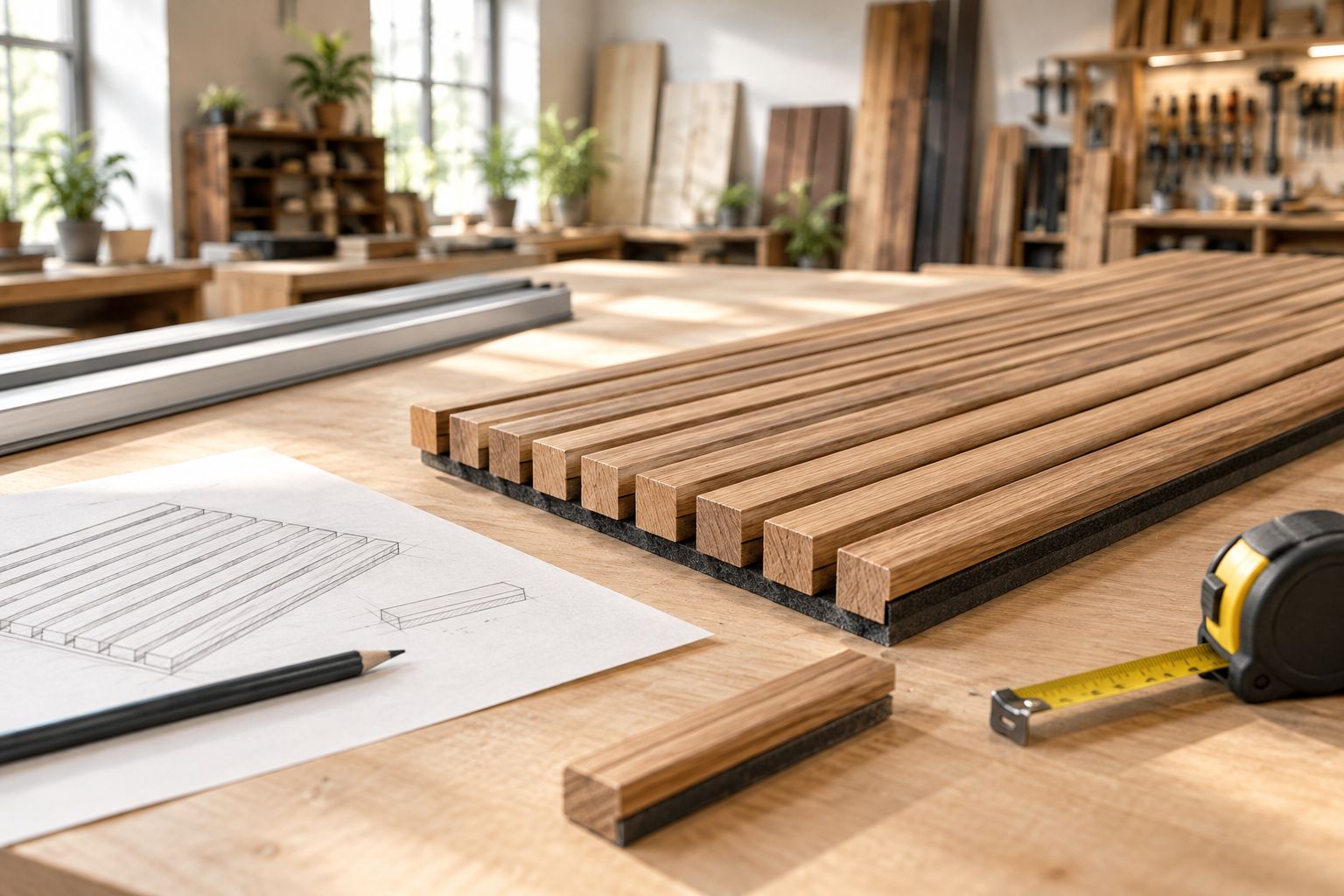 Holzlamellenpaneel auf einer Werkbank mit Führungsschiene und Reststück für einen Probeschnitt