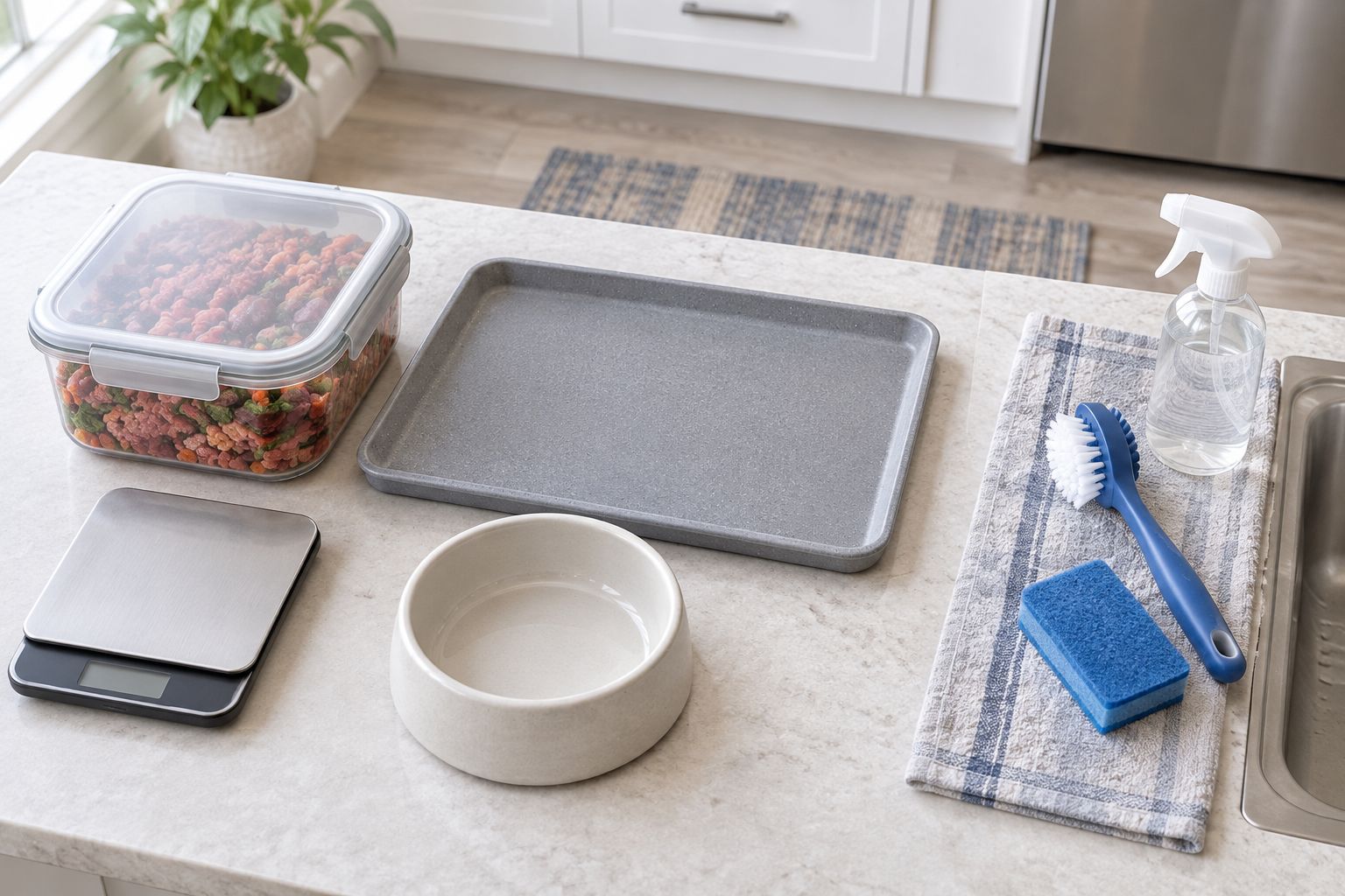 Separate containers, scales and cleaning utensils for preparing a dog's meal
