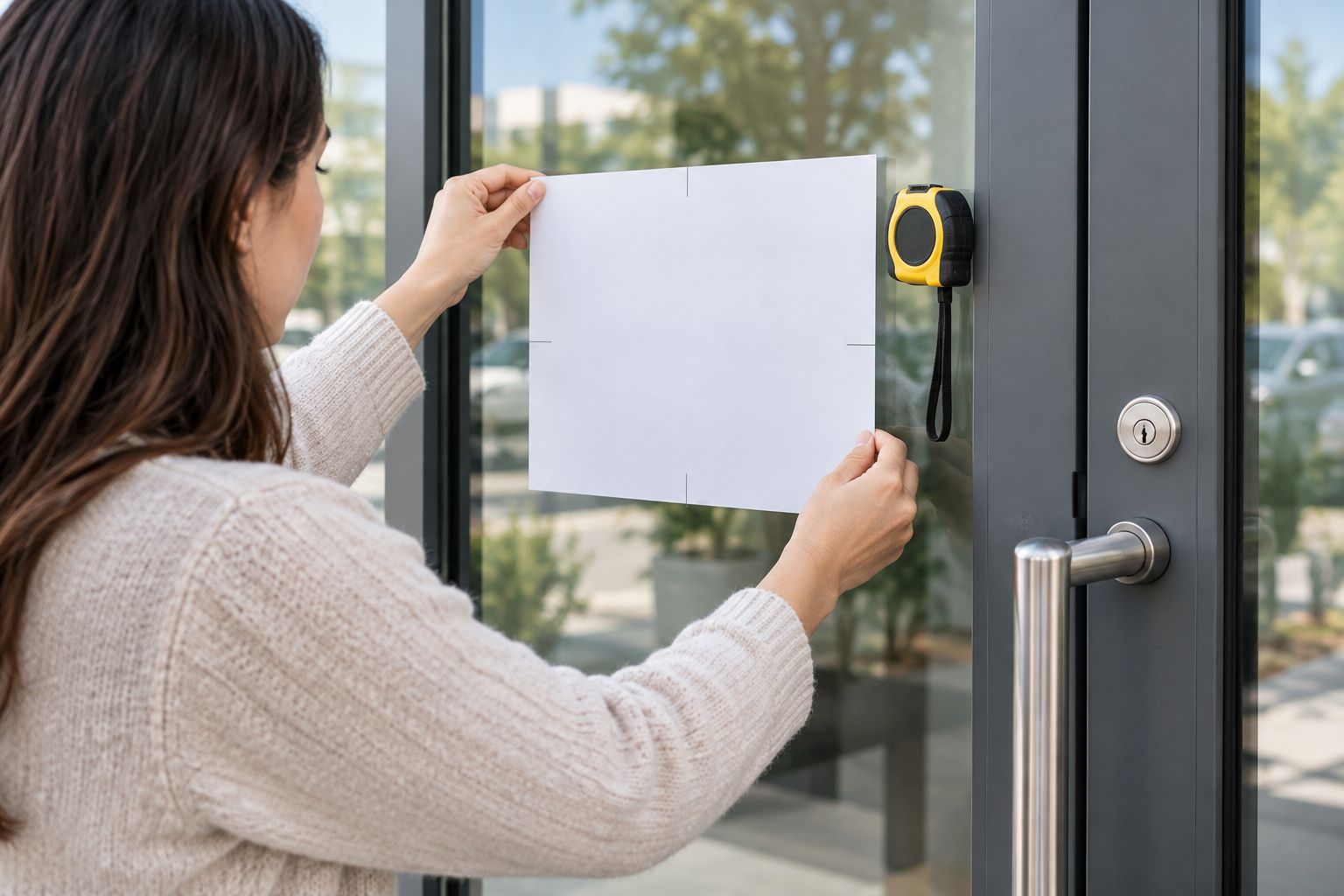 A paper placement template held against a glass door beside door hardware