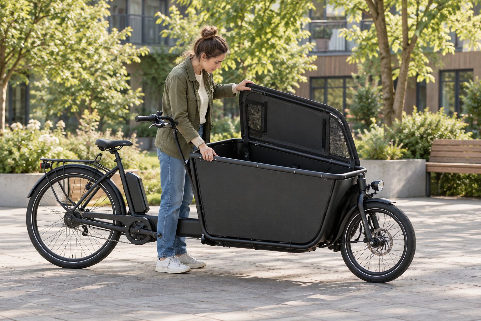 Een dierenoppas controleert een lege transportvoorziening in een stilstaande bakfiets.
