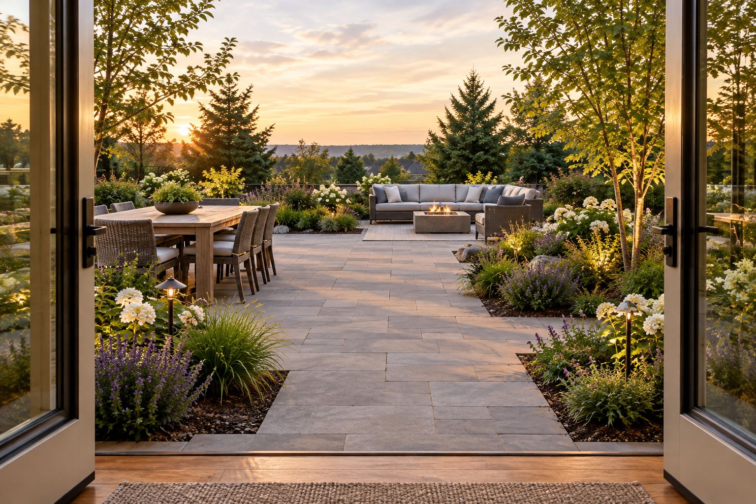 Patio with dining and seating areas connected by an unobstructed walking route