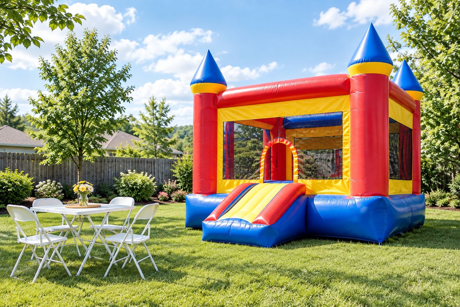 Inflatable bounce house set up on a backyard lawn