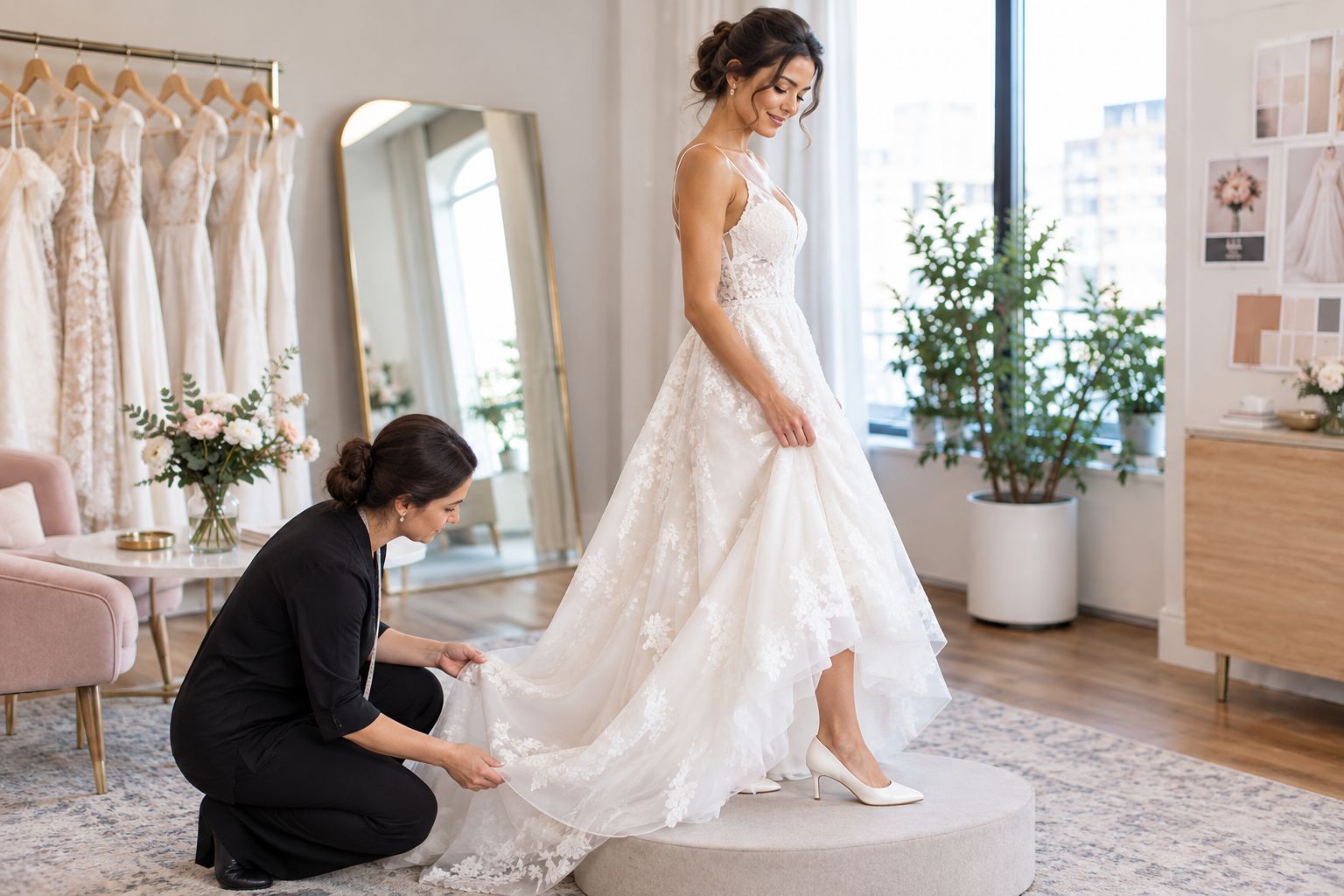 A bridal fitting showing the gown hem and fabric movement during a step
