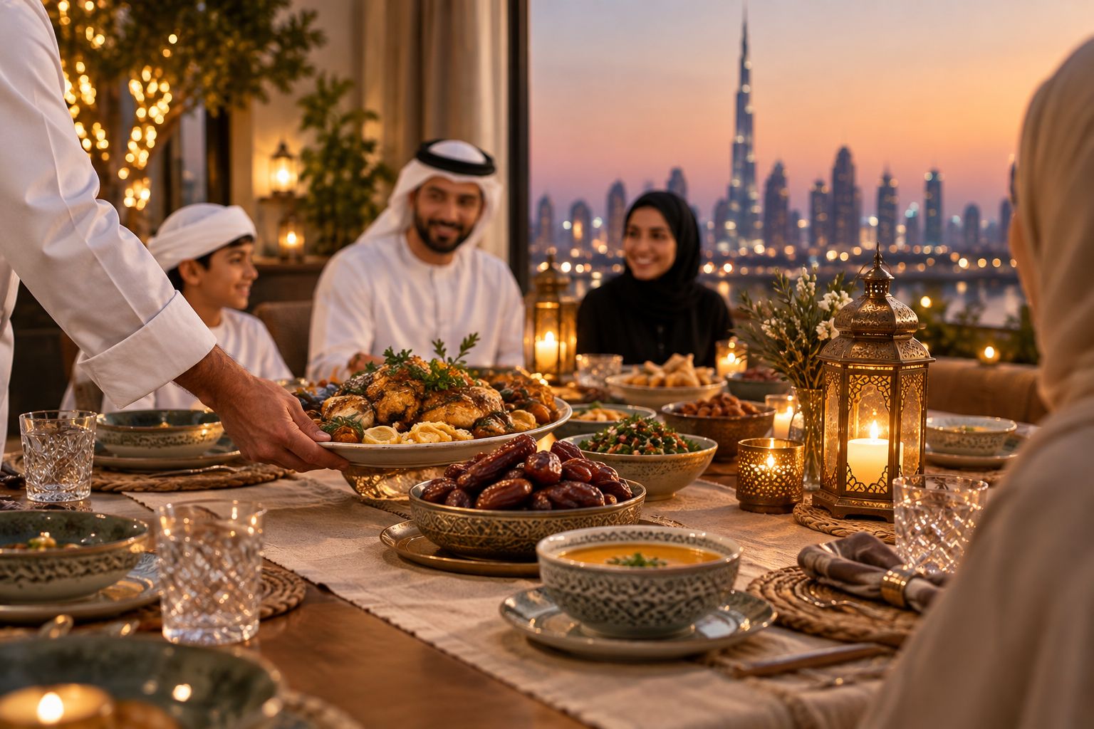 Home iftar table set with dates, soup and warm lantern light at dusk