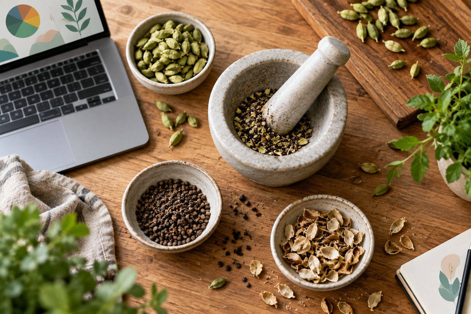 Cardamom pods, separated seeds, husks, and crushed seeds beside a mortar and pestle