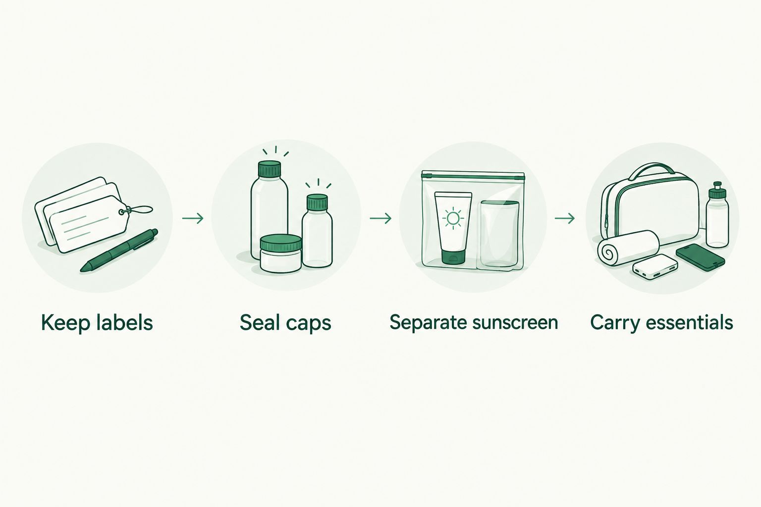 Four packing checks covering labels, closures, original sunscreen packaging, and accessible essentials
