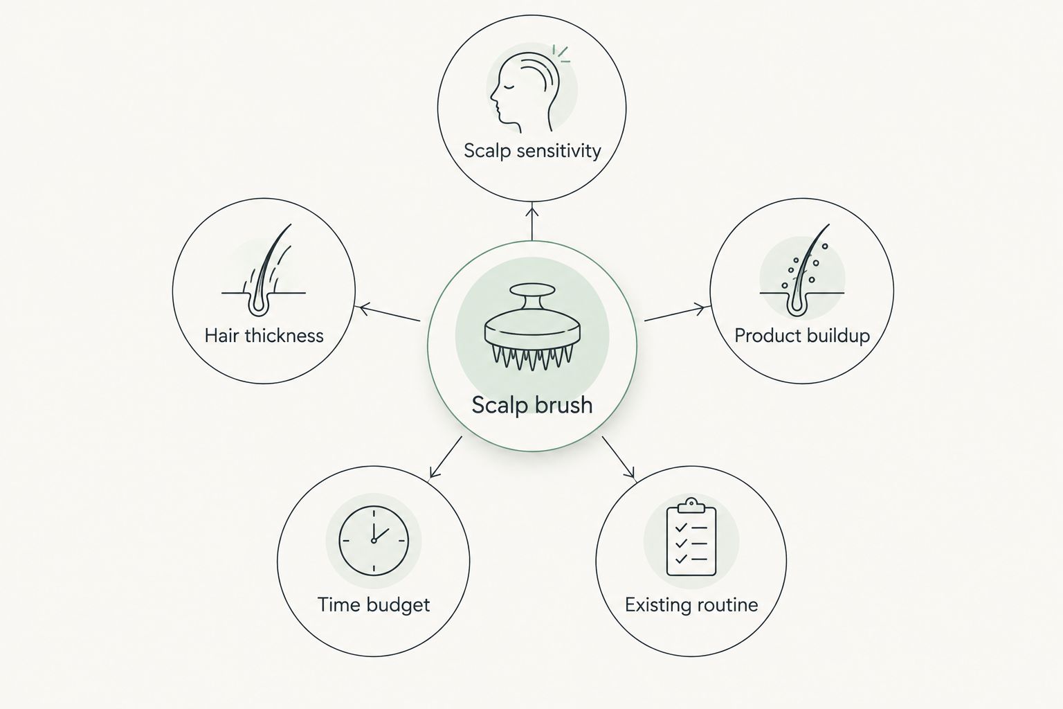 Diagram showing five factors that decide whether a scalp brush is worth it