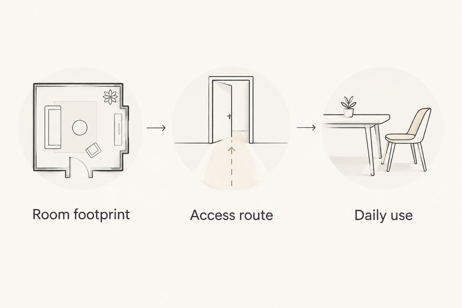 Three furniture-fit checks: room footprint, access route, and daily use.