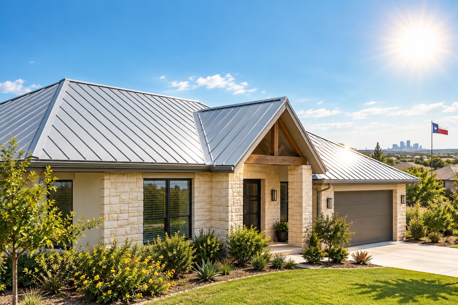 Standing seam metal roof reflecting sunlight on a Texas home