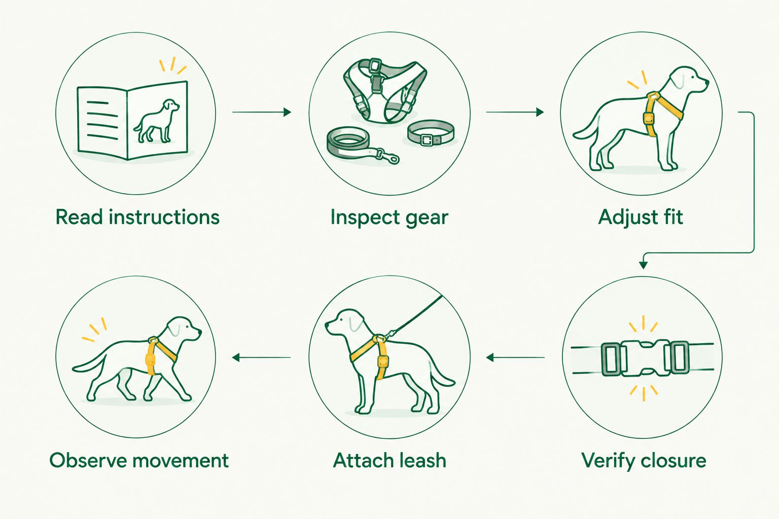 Harness inspection sequence from reading instructions to observing your dog's movement