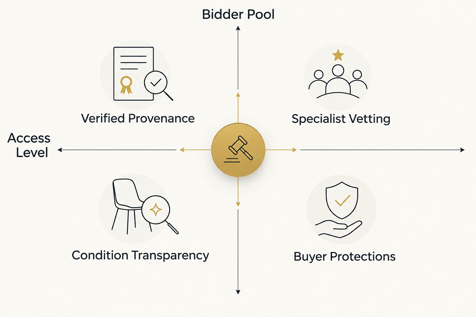 2x2 matrix comparing auction venue criteria for Boucheron jewelry buyers