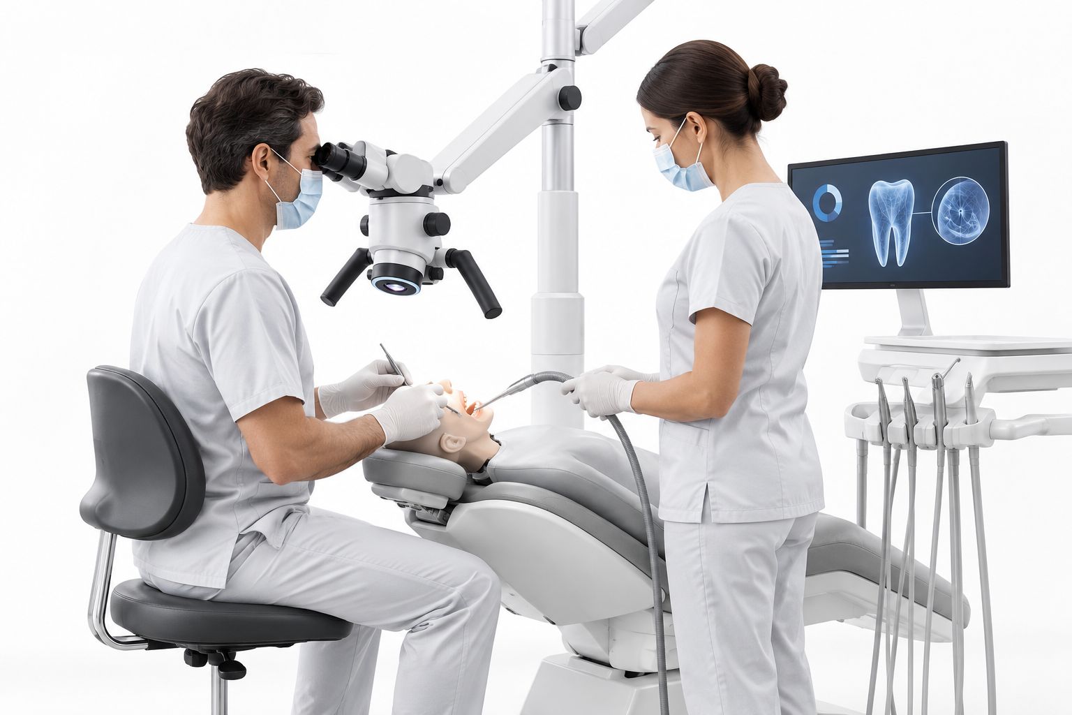 Dentist and assistant evaluating microscope positioning over a typodont in a dental operatory