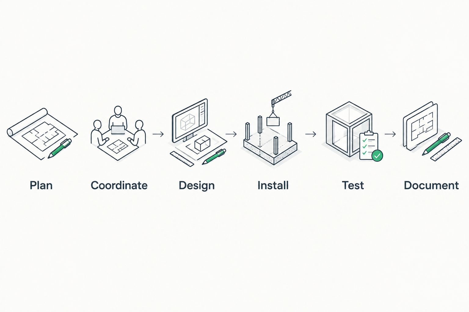 Radon planning sequence from foundation planning through installation, testing, and documentation.