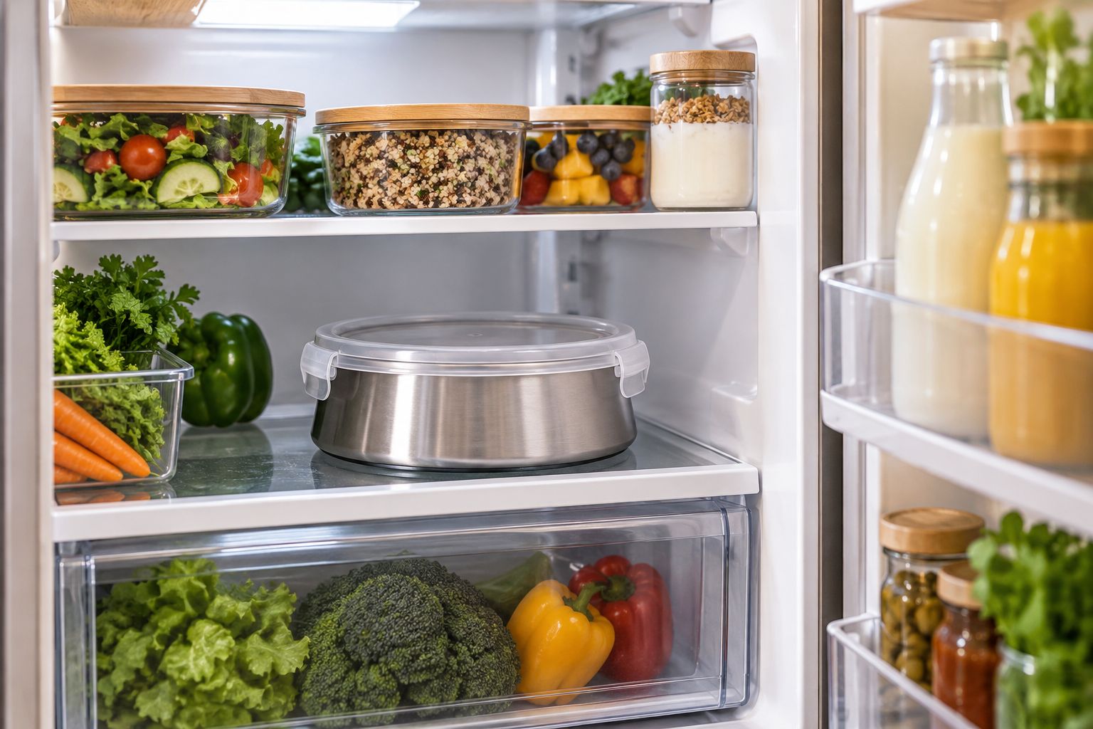 Covered pet-food container stored separately on a lower fridge shelf.