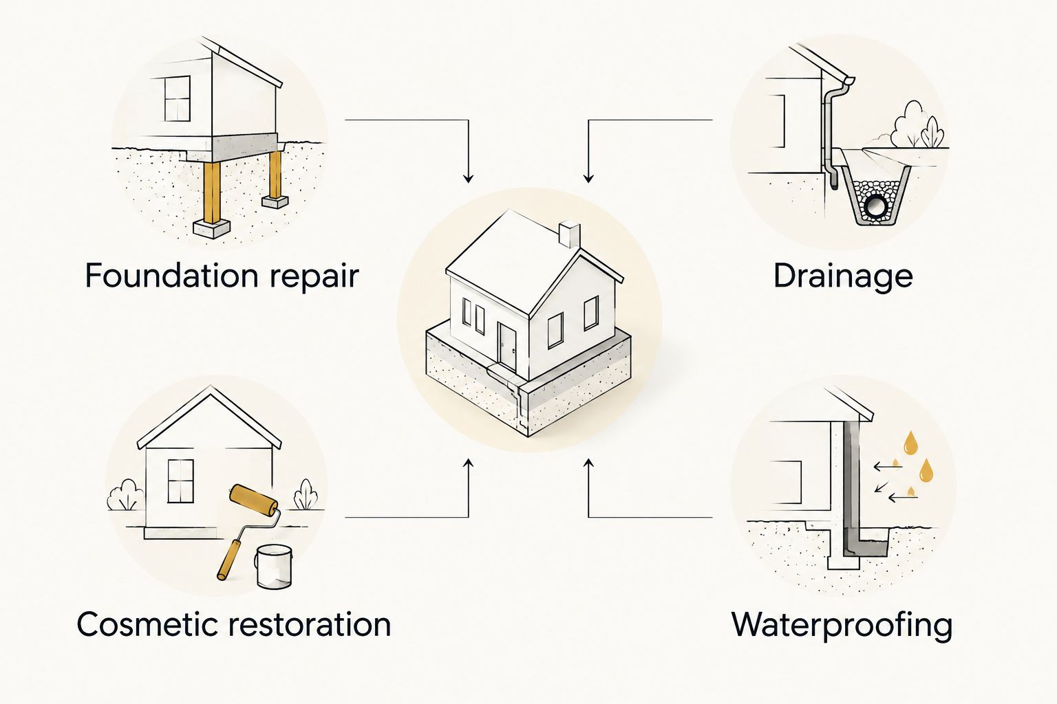 Comparison of foundation repair, cosmetic restoration, drainage, and waterproofing