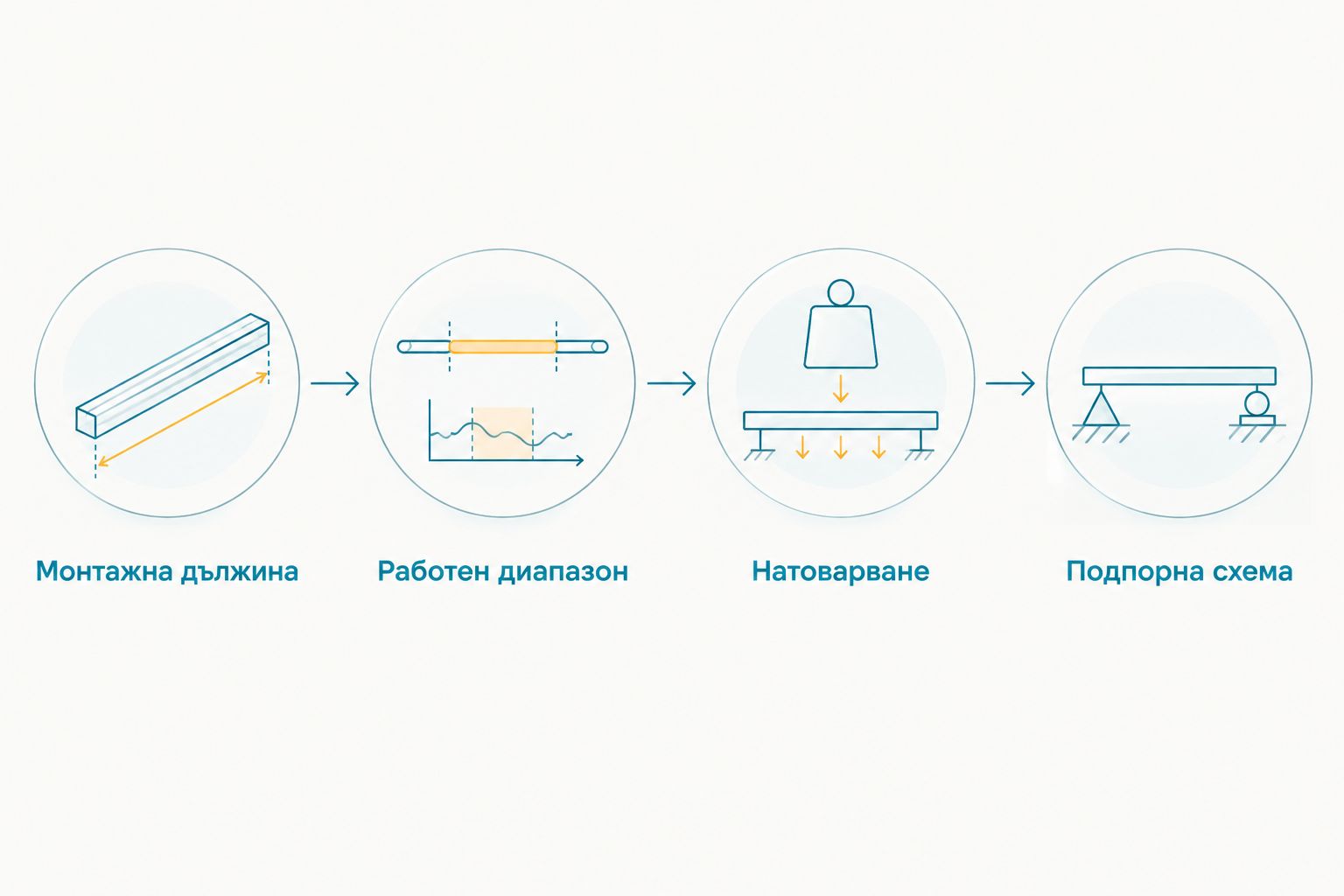 Проверки при избор на подпори: монтажна дължина, работен диапазон, натоварване и подпорна схема.