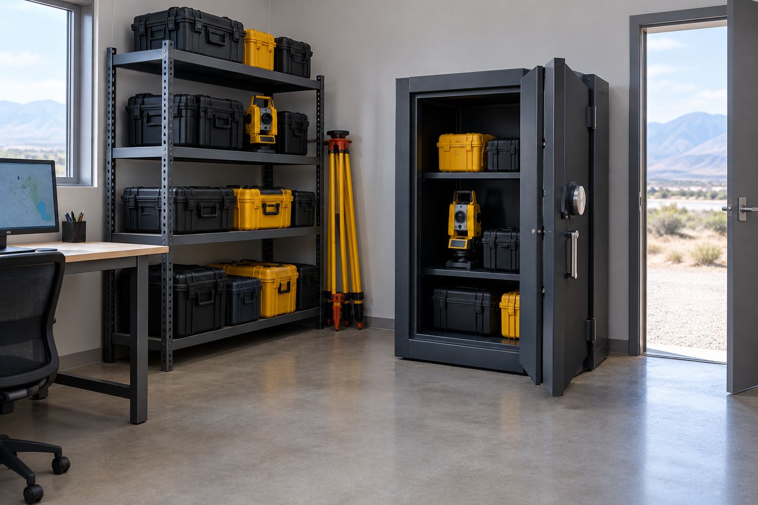 Office safe with clear door swing and handling space beside equipment shelving