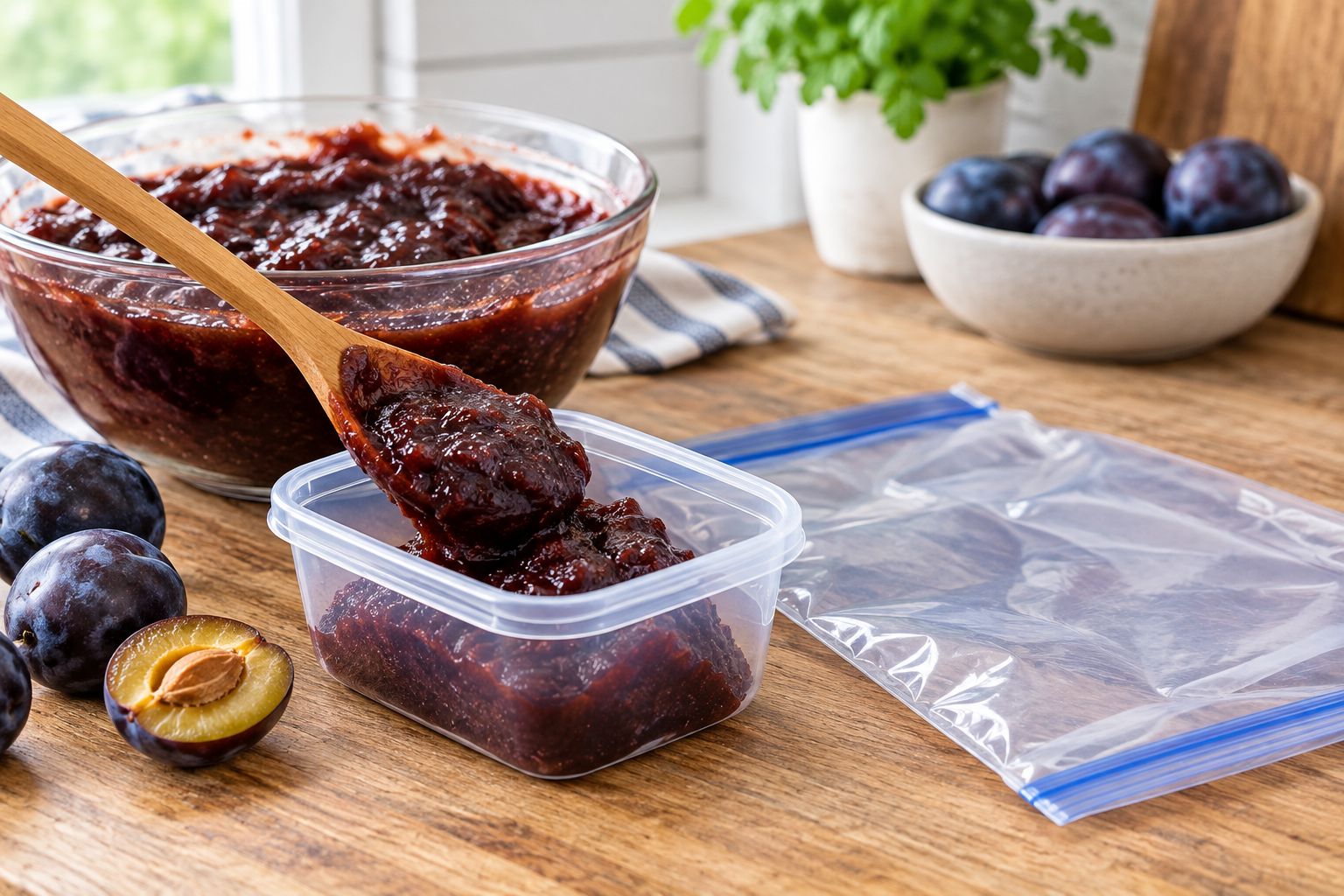 Magiun de prune porționat într-o cutie alimentară, lângă o pungă pentru congelator