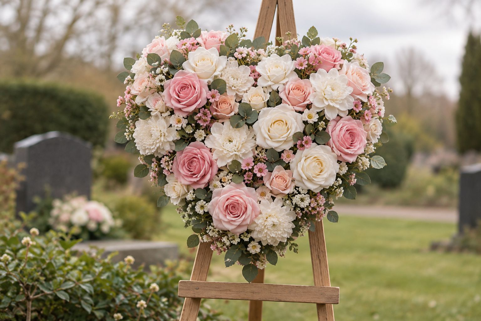 Heart-shaped artificial silk funeral tribute on an easel at a graveside