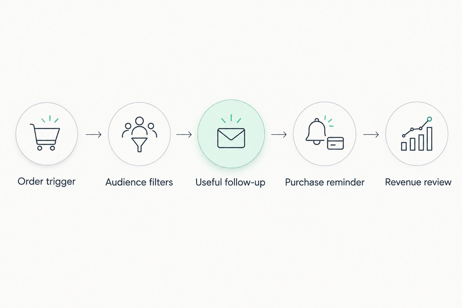Repeat-purchase workflow from the order trigger through audience checks, follow-up messages, and revenue review