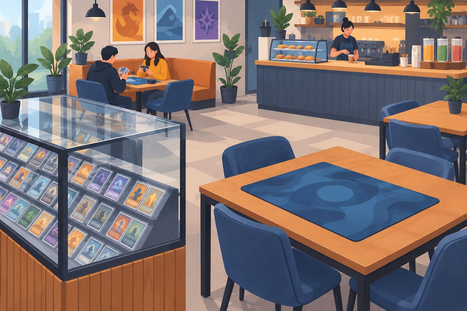 Cafe card display and dry handling table separated from beverage pickup