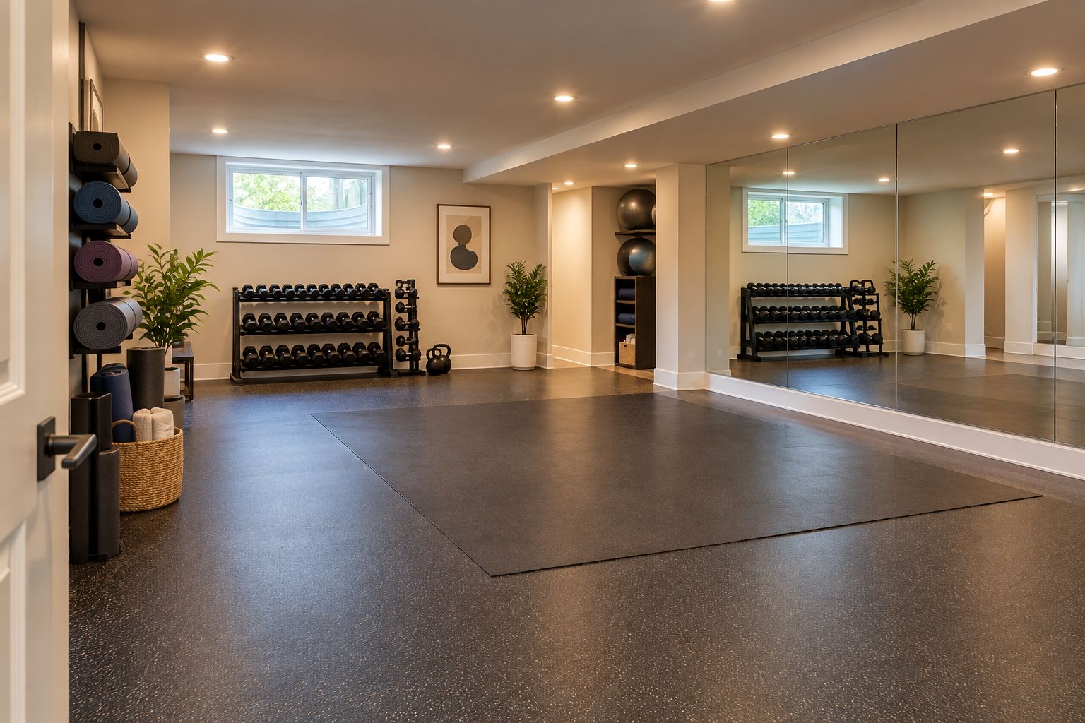 Basement fitness studio with rubber flooring, mirrors, open space, and an egress window