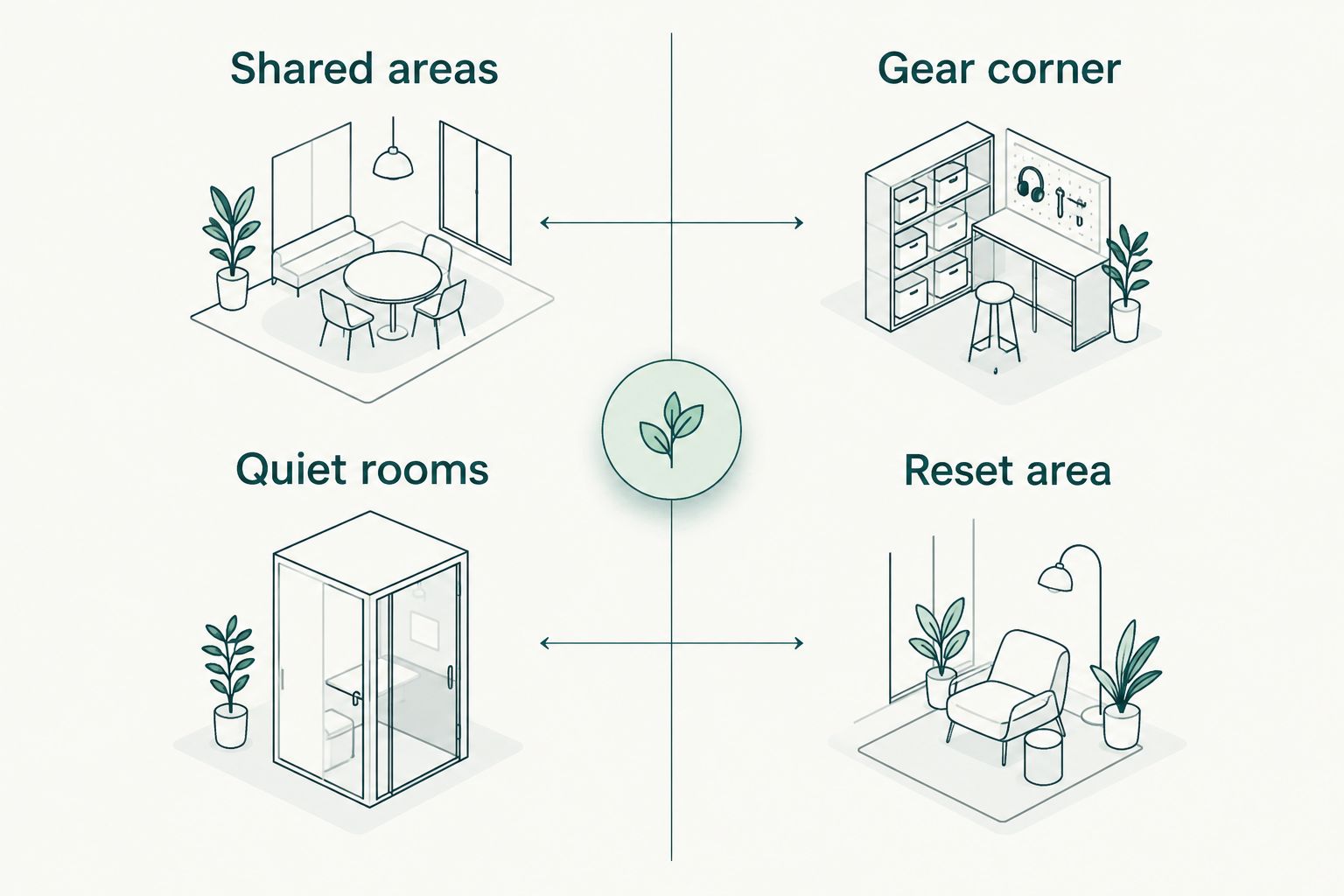 Diagram separating shared shooting areas and equipment from quiet rooms and reset space