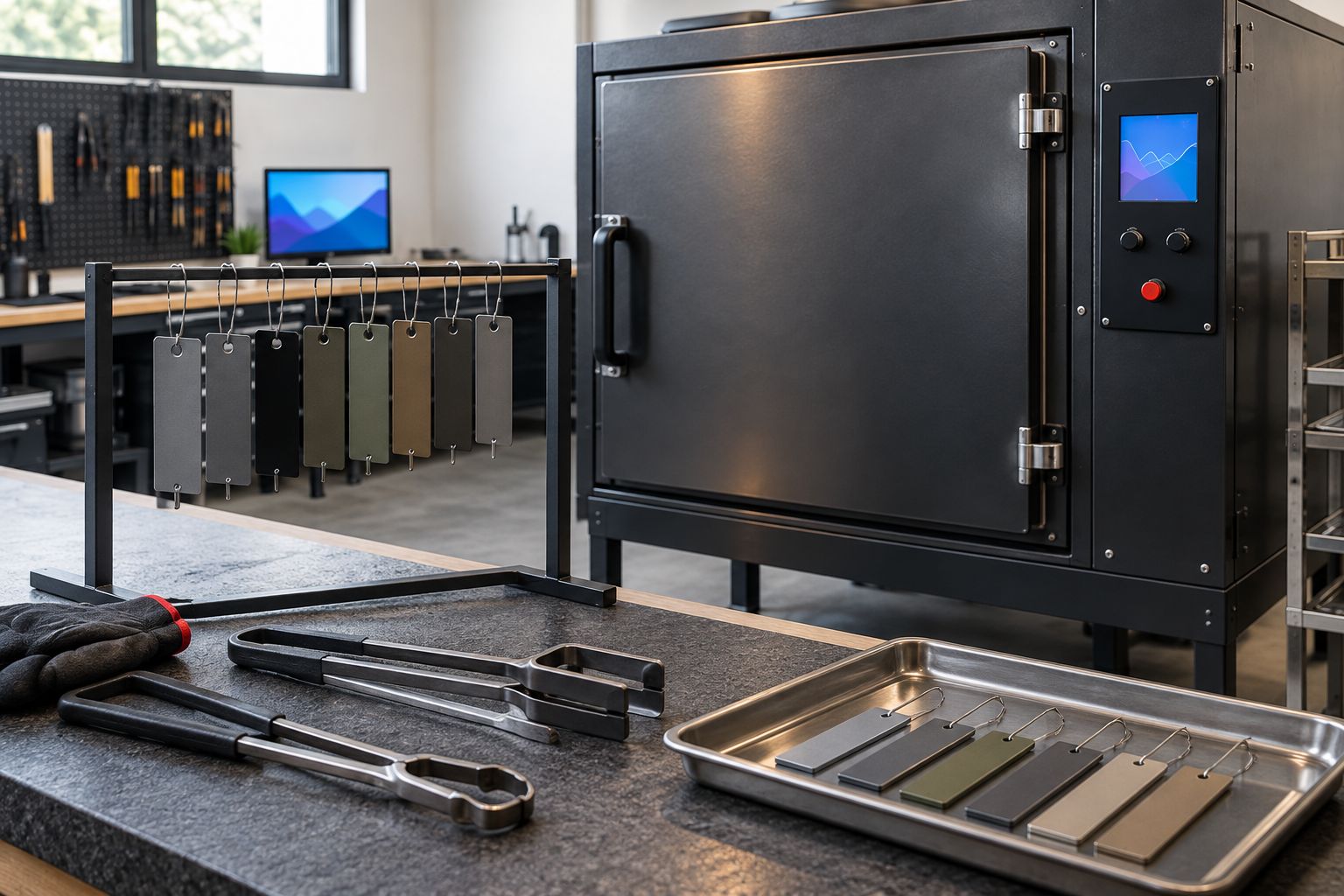 Separated metal test coupons and clean handling tools beside a generic electric oven