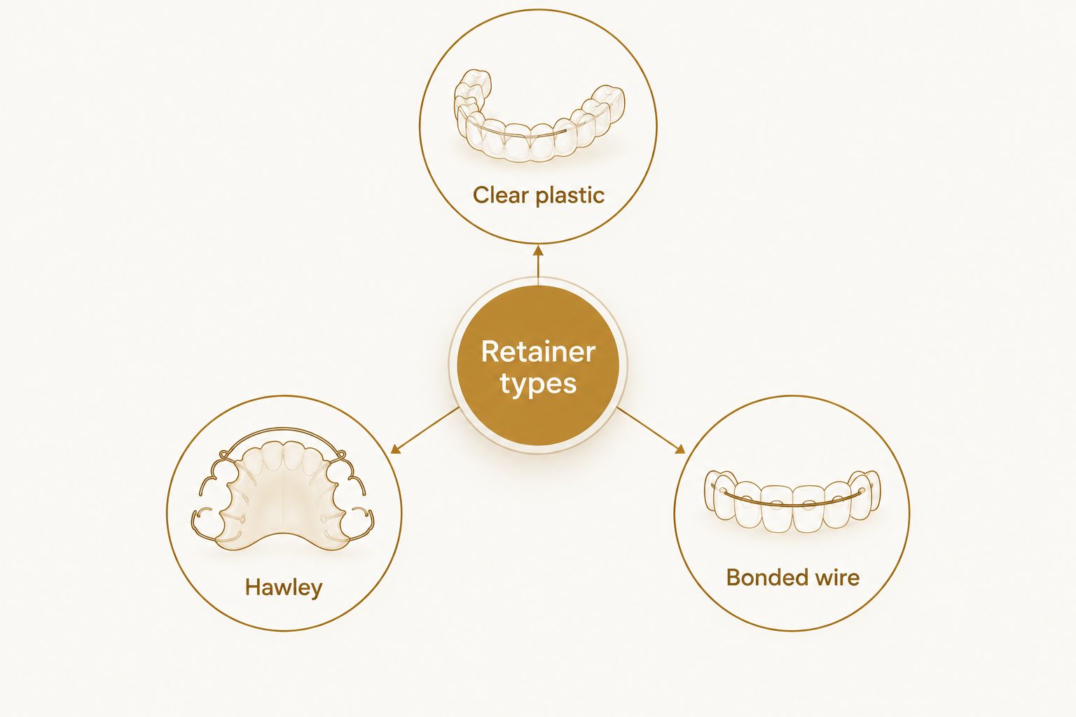 Three retainer designs: clear plastic, Hawley, and bonded wire