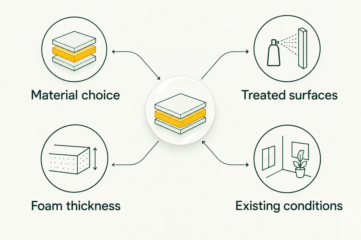 Two-column checklist comparing insulation material details with surfaces and existing conditions