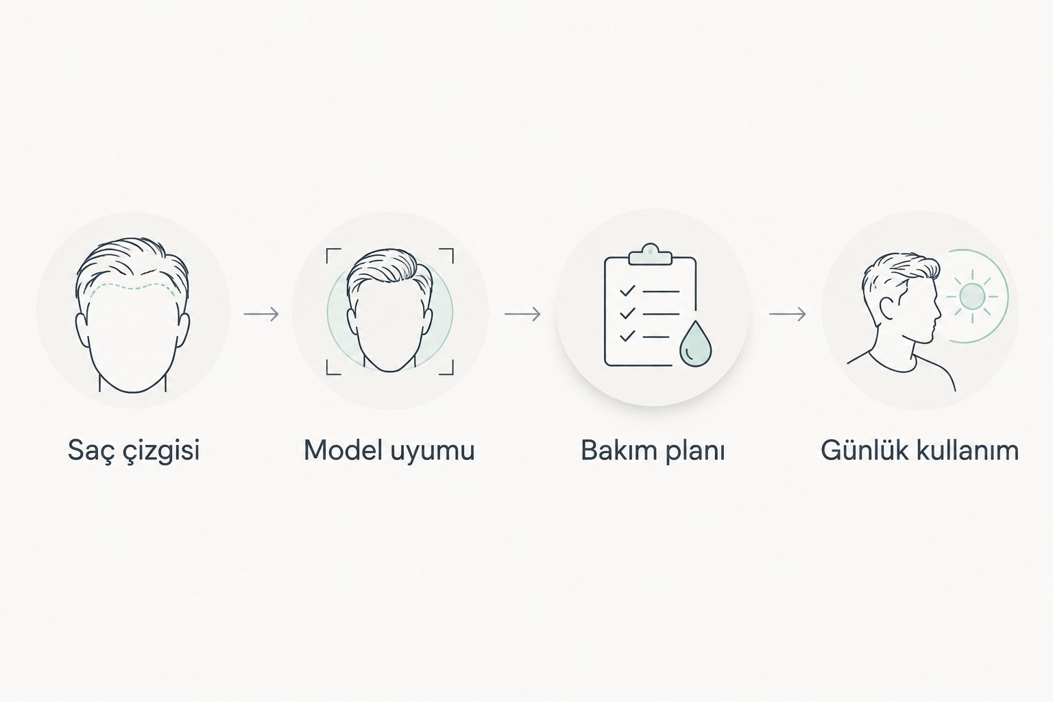 Saç çizgisi, model uyumu, bakım planı ve günlük kullanım değerlendirmesini gösteren şema