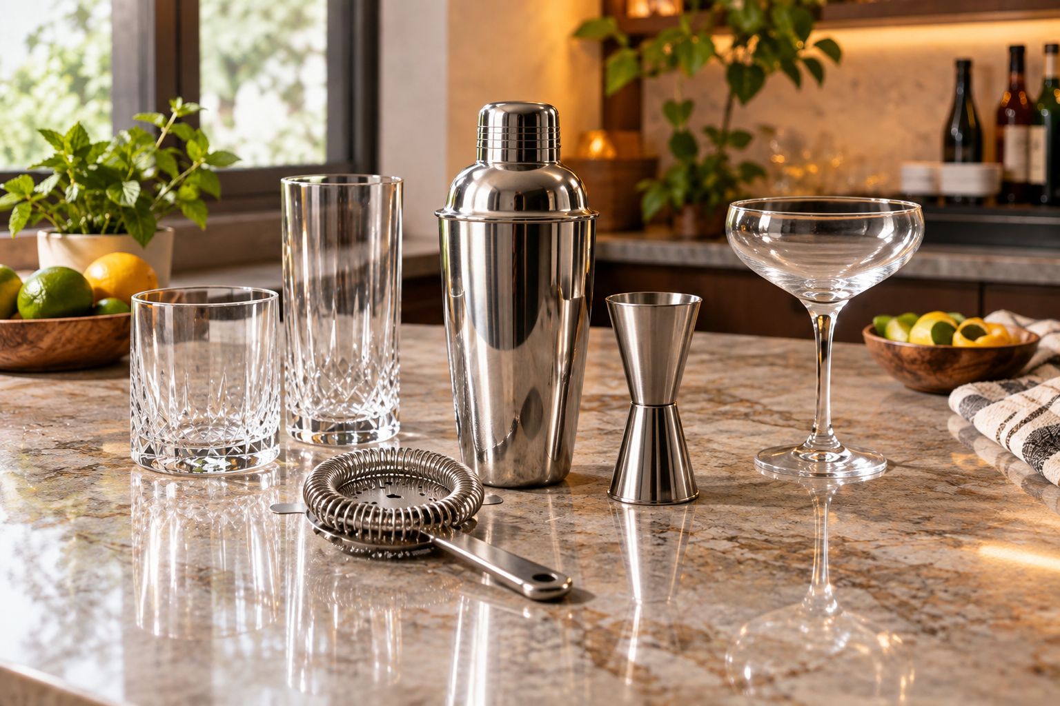 Stainless-steel bar tools beside rocks, highball and stemmed cocktail glasses