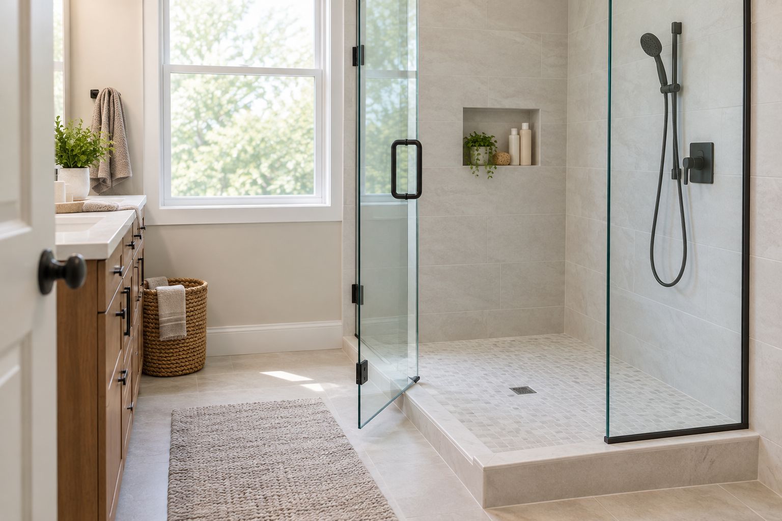Hinged shower door beside a fixed panel with a clear approach and room for the door to open