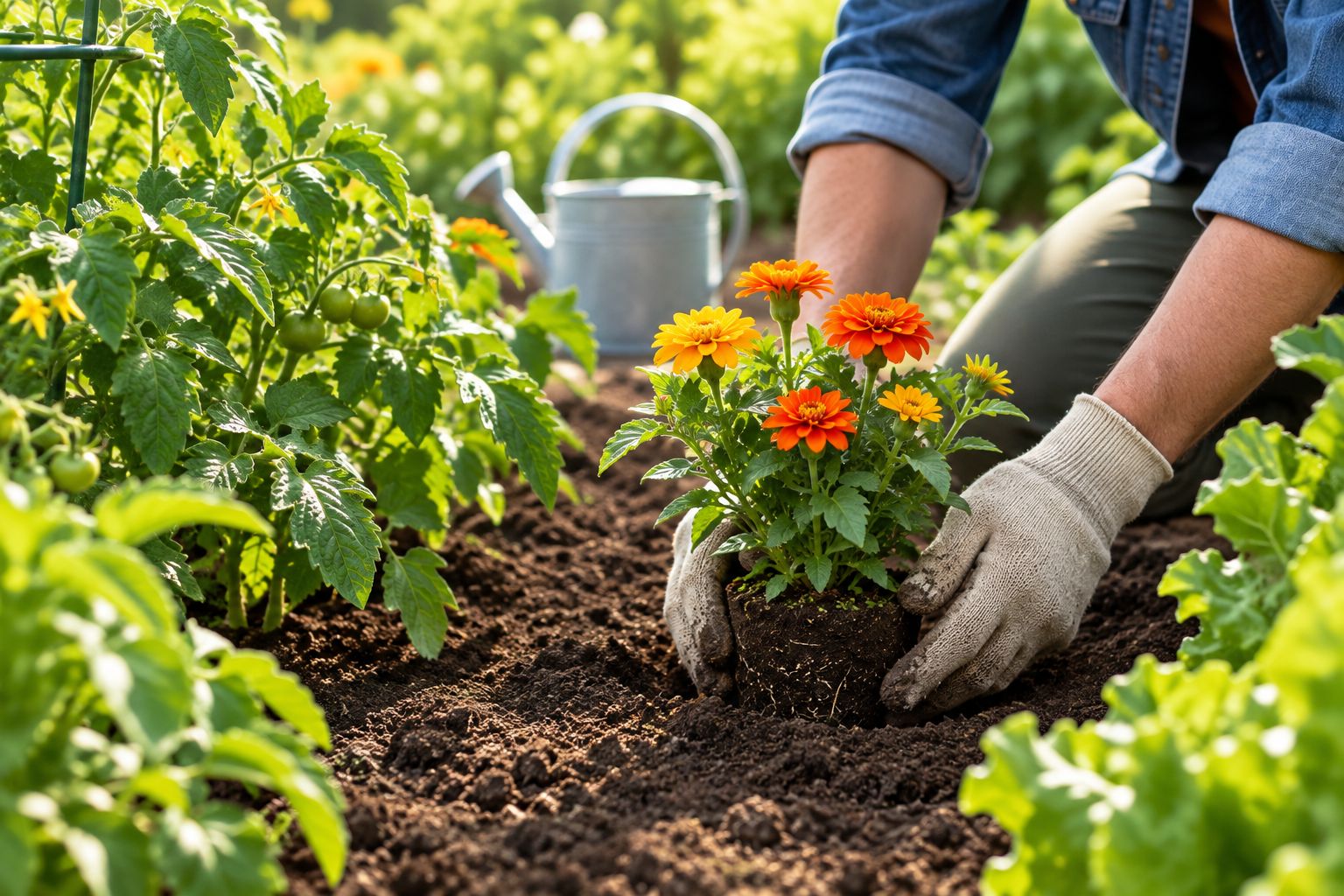 A young flower transplant set level with the soil at the edge of a vegetable bed