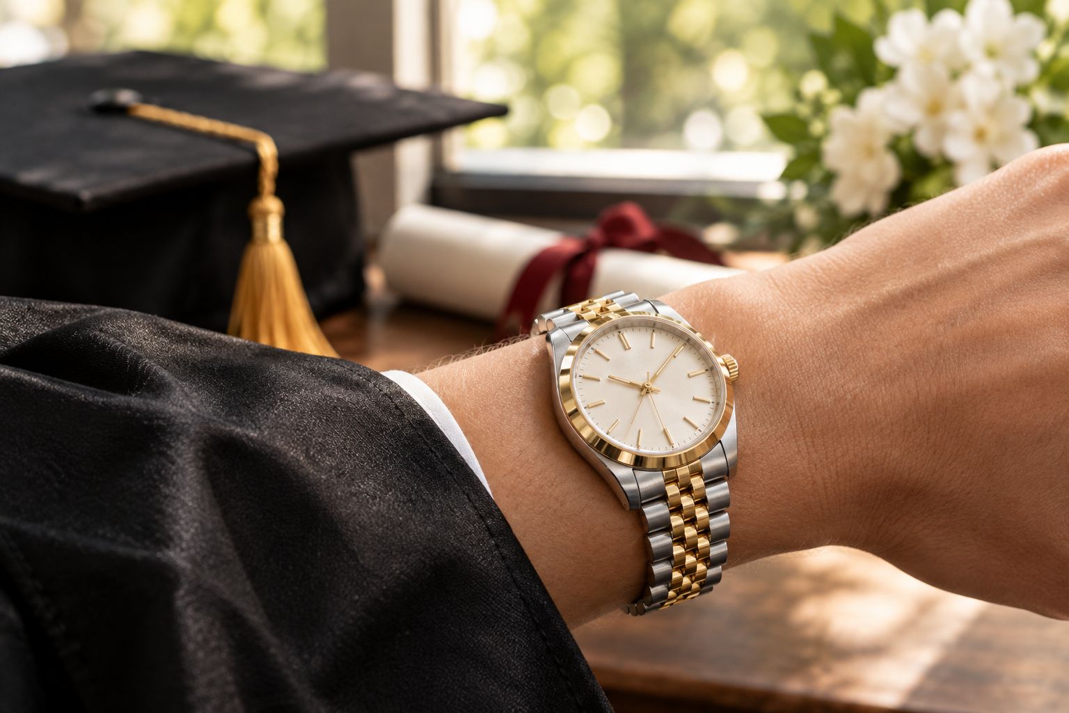 Two-tone steel and gold watch bracelet worn at a graduation ceremony