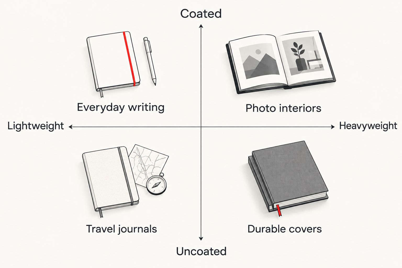 2x2 matrix comparing coated versus uncoated and lightweight versus heavyweight notebook paper