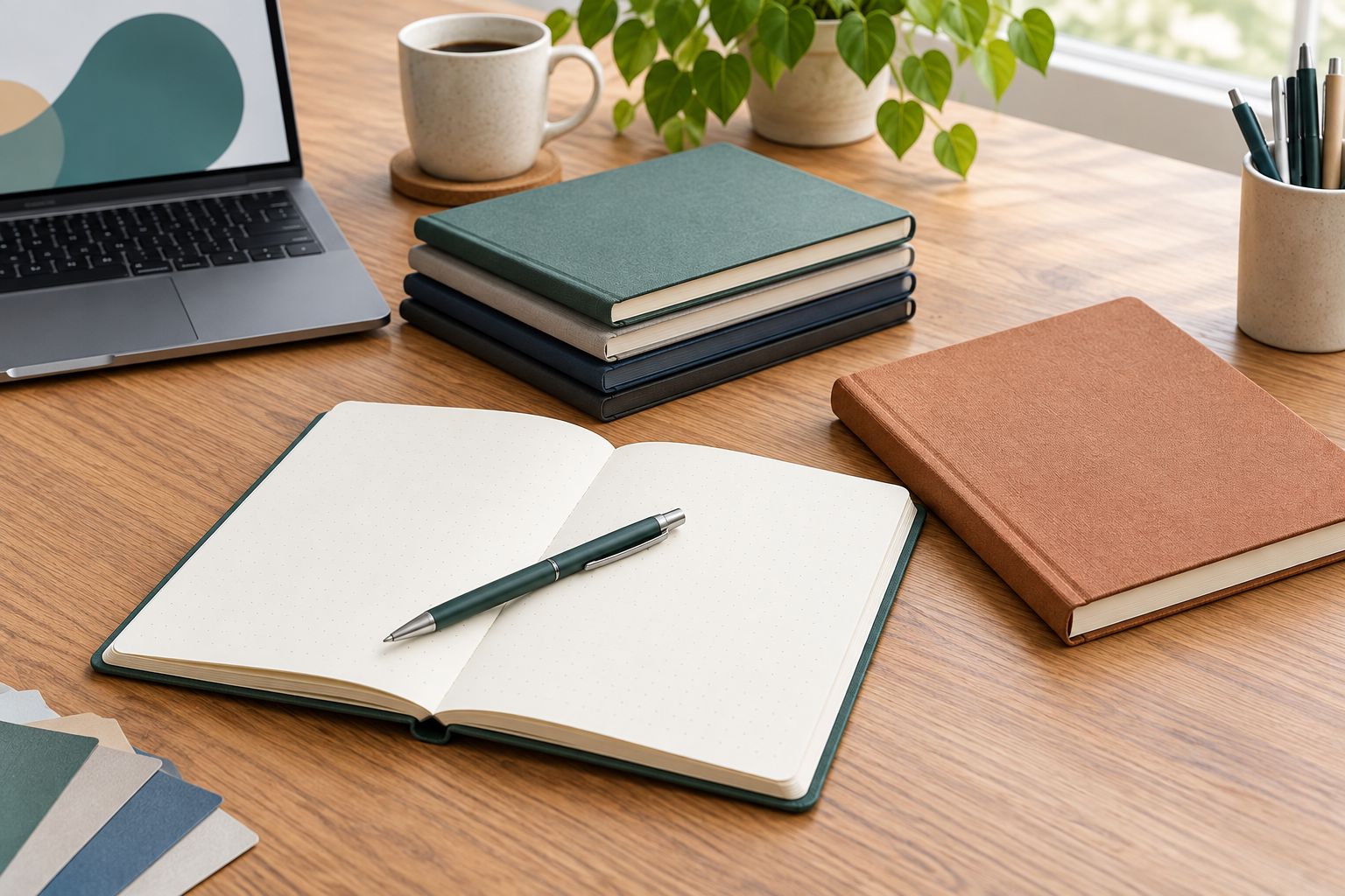 Stack of custom notebooks with one open showing lay-flat pages