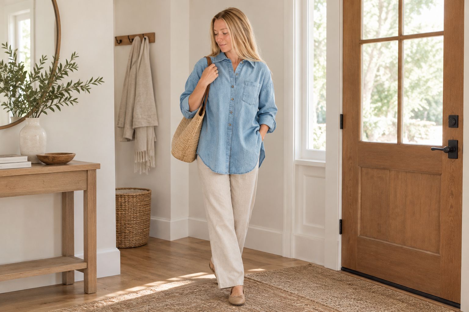 A chambray shirt worn with neutral trousers and flat shoes for an everyday outfit