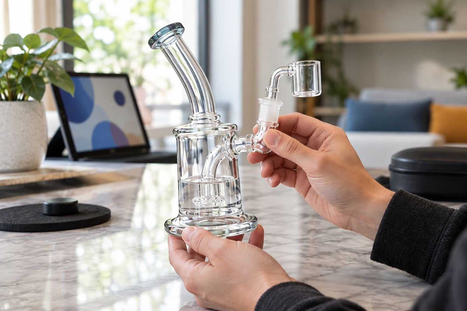 Person inspecting the base and joint of a clean glass dab rig