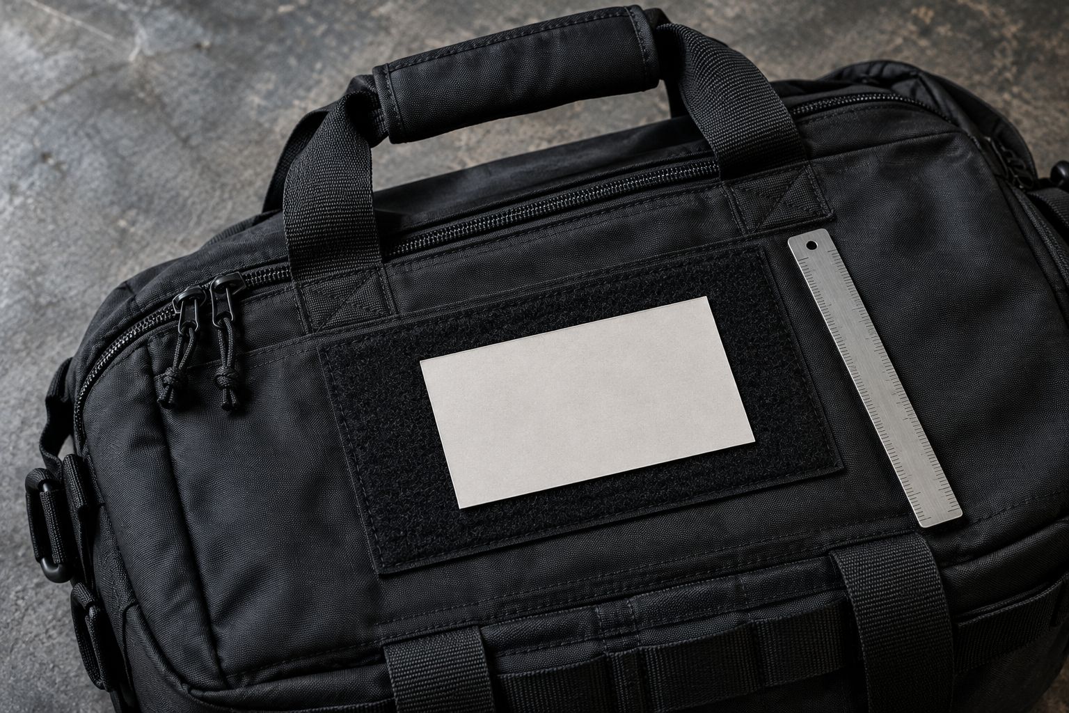 Paper patch template fitted inside a bag panel without covering its zipper