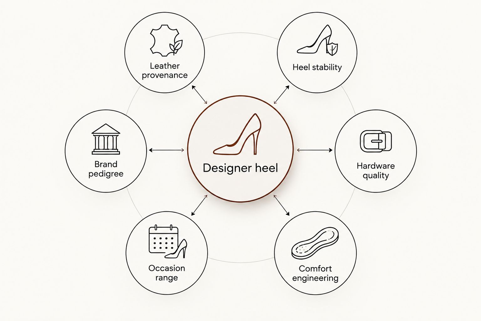 Six-part diagram of designer heel evaluation criteria